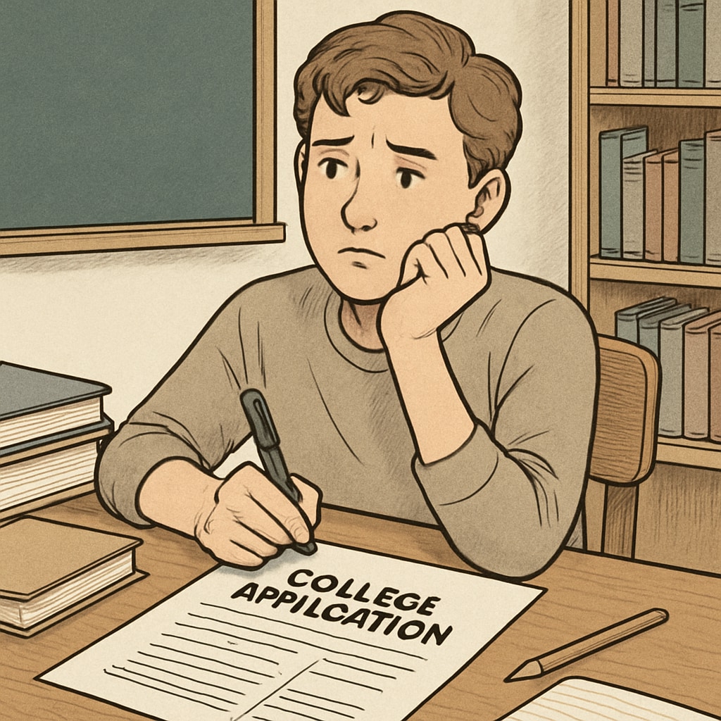 A student hesitating while filling out a college application form, symbolizing the ethical dilemma of honesty versus deception. Student filling out a college application form, considering the importance of honesty.