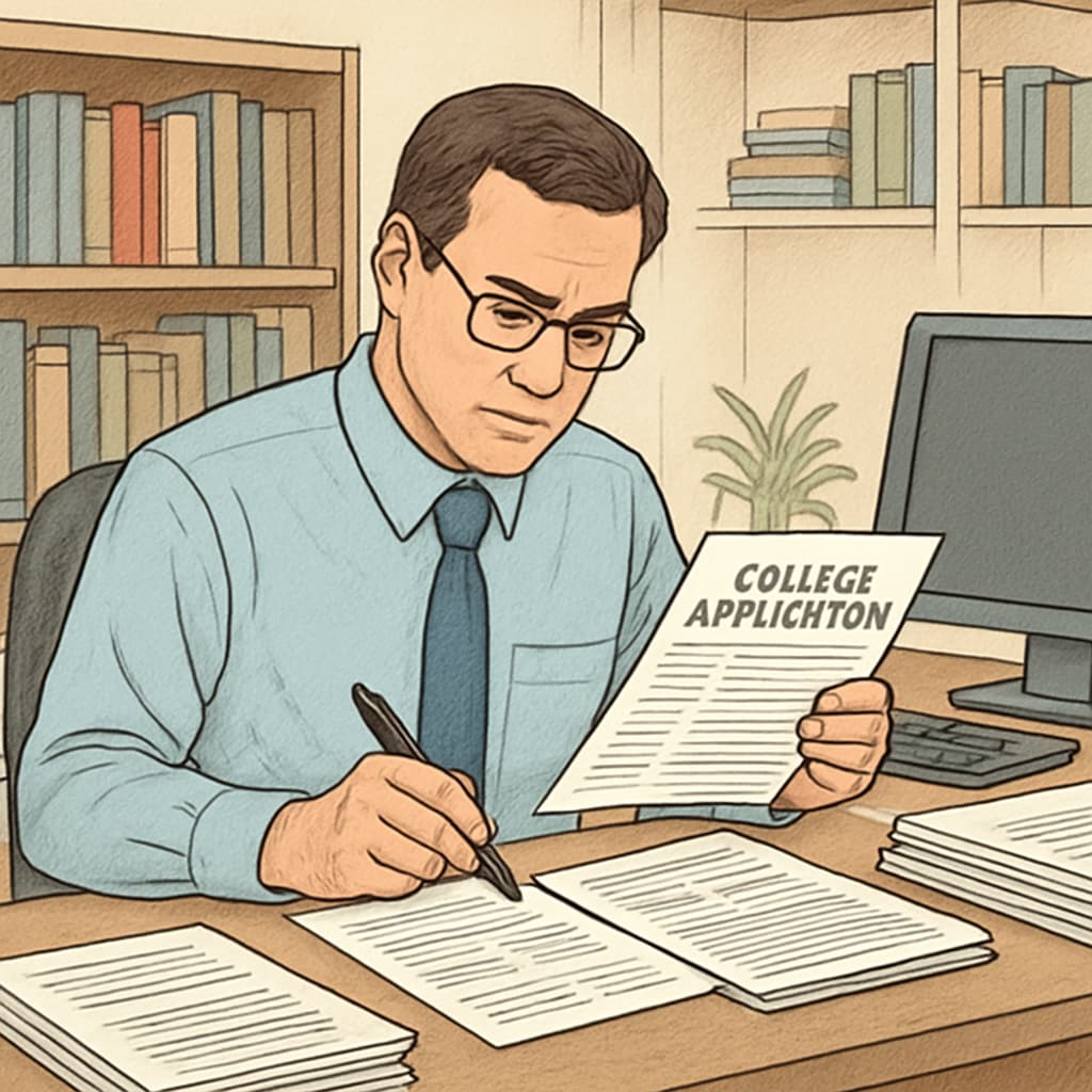 A college admissions officer cross-referencing an application with supporting documents to verify its authenticity. Admissions officer verifying a college application for authenticity.