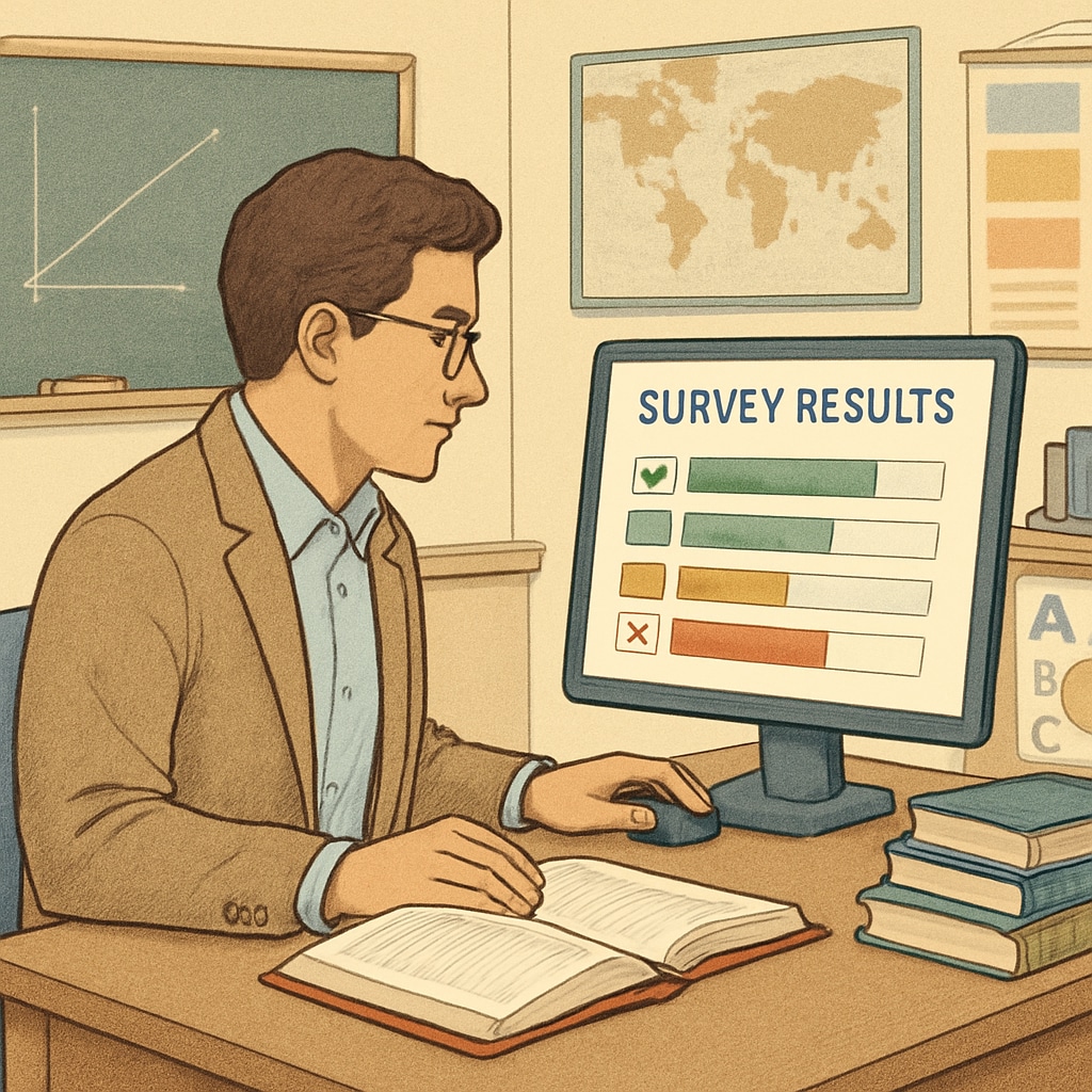 A teacher reviewing survey results on a computer screen to improve classroom strategies. Teacher analyzing survey data for classroom improvement.