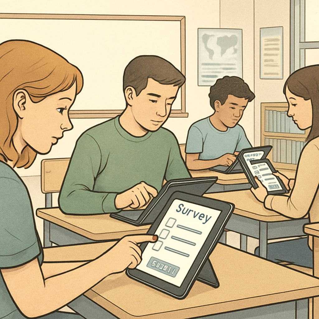 A group of students filling out a digital survey on tablets in a classroom setting. Students participating in a digital survey using tablets.