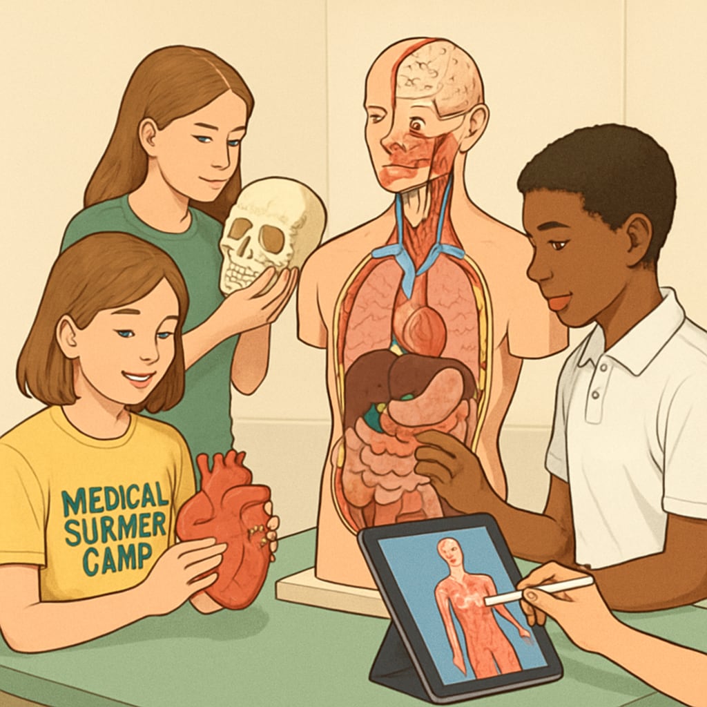 Students attending a medical summer camp, learning anatomy through hands-on activities with models and simulations. Students participating in a medical summer camp with activities related to neurosurgical aspirations.