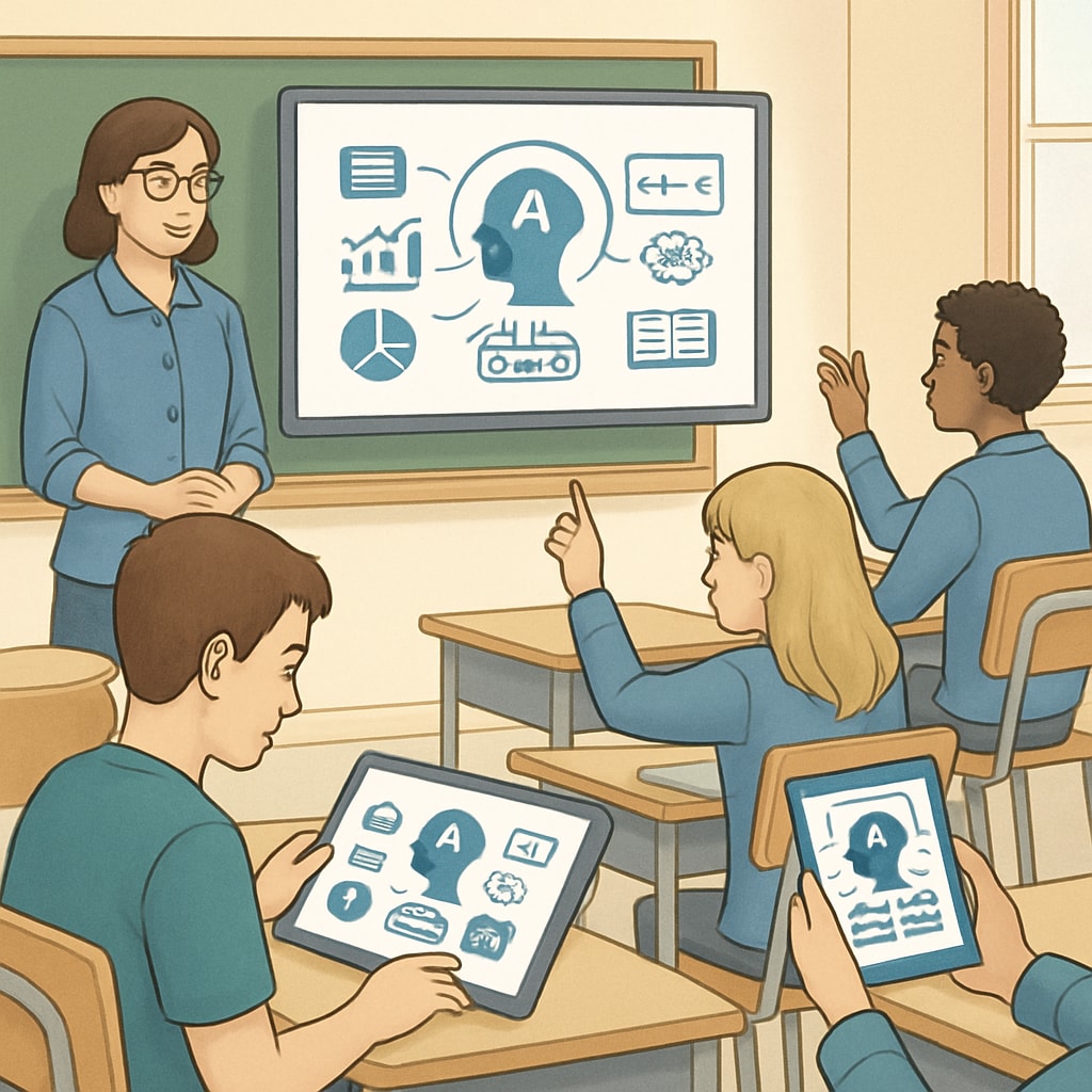 AI-powered personalized learning software in a classroom setting, showing students interacting with digital devices. AI tools in K12 classrooms, enhancing personalized learning experiences.