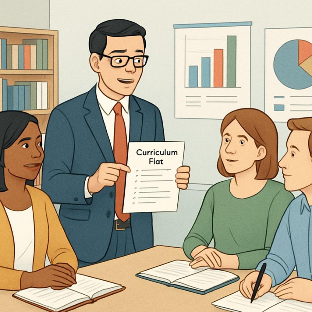 An educational administrator reviewing curriculum plans with teachers in a modern school setting. K12 education administrator discussing curriculum with teachers, highlighting high-salary roles.