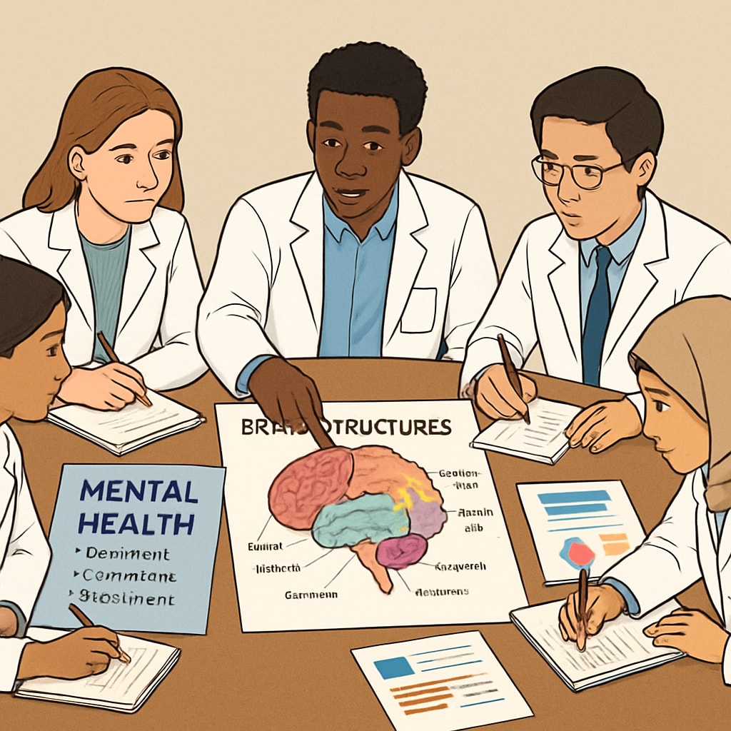 Five medical students of diverse ethnicities gathered around a table, reviewing colorful poster boards and handout materials for a mental health presentation. One student points to a diagram of brain structures while others take notes. Medical students preparing mental health lecture materials for high school students