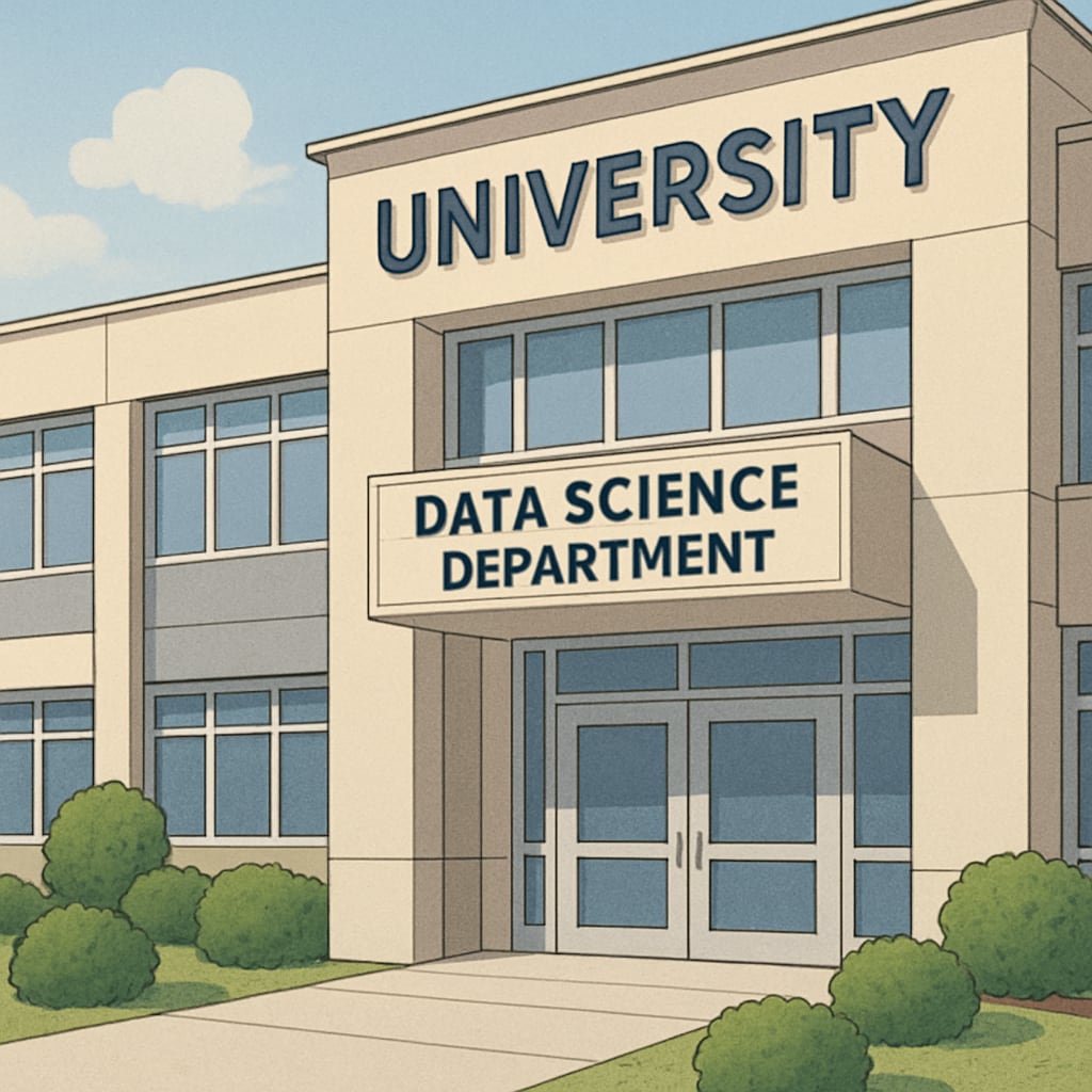 Modern university building with visible signage for the Data Science Department US university data science department building