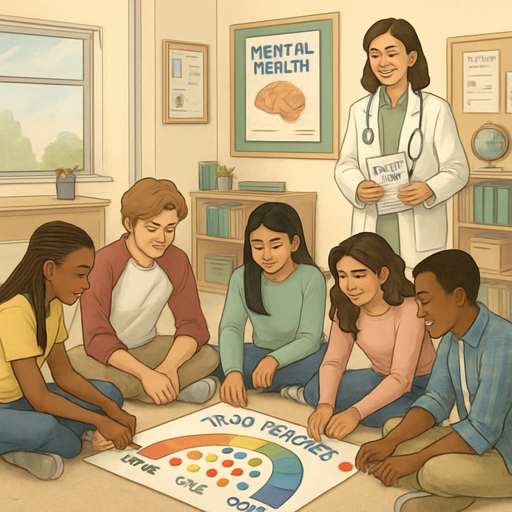 Diverse group of high school students sitting in a circle during a mental health workshop, placing colored stickers on a mood-tracking poster. A facilitator (medical student) smiles while holding a stack of informational pamphlets. High school students engaging in interactive mental health activity
