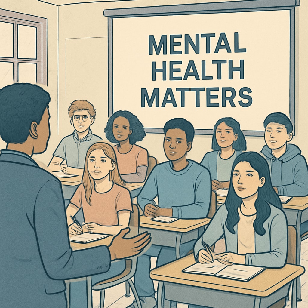 A classroom of diverse high school students listening attentively to a speaker. Some taking notes, others nodding in agreement. Presentation screen partially visible showing High school students participating in mental health awareness event