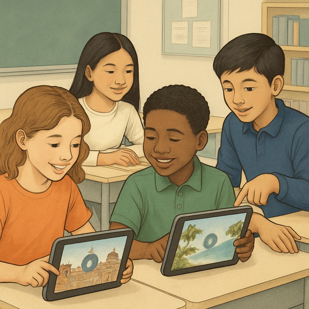 Diverse group of K12 students watching travel videos on digital tablets in a modern classroom environment Students participating in travel video geography learning survey