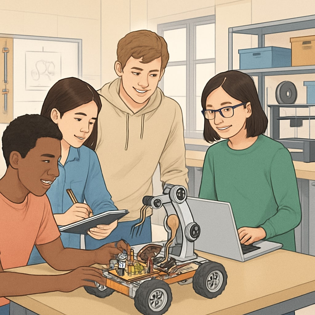 Public school STEM students collaborating on technology project