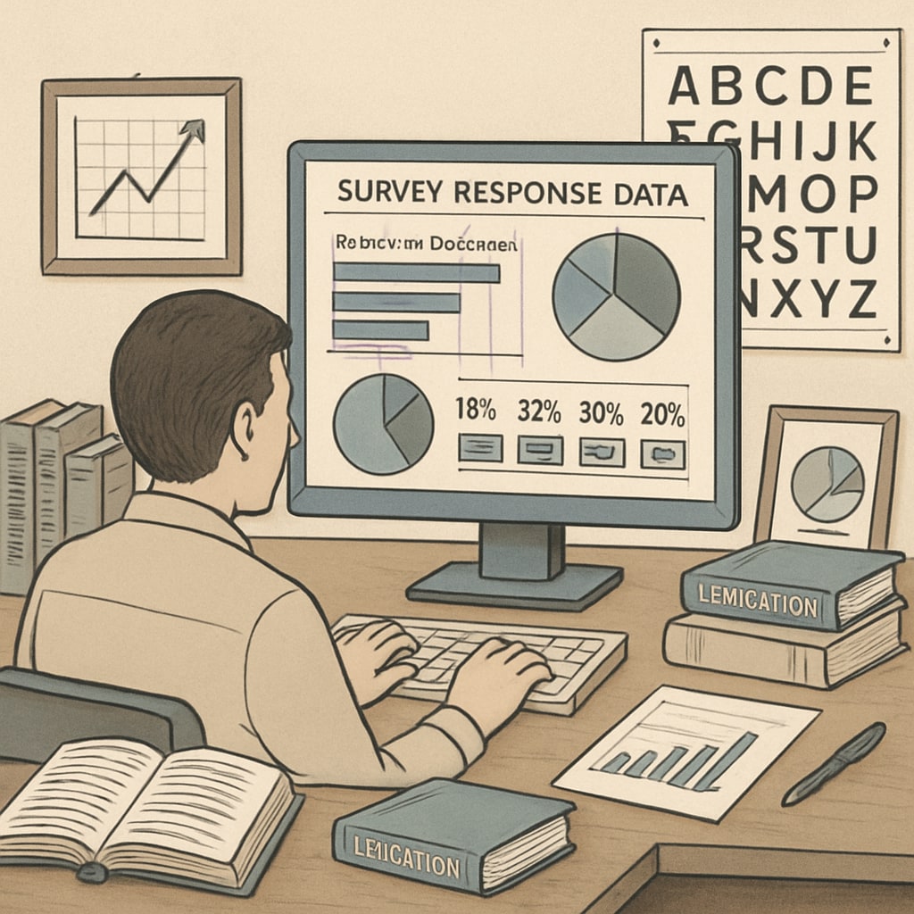 Researcher analyzing survey response data about educational outcomes on computer screen Master's thesis survey data analysis for travel video education research