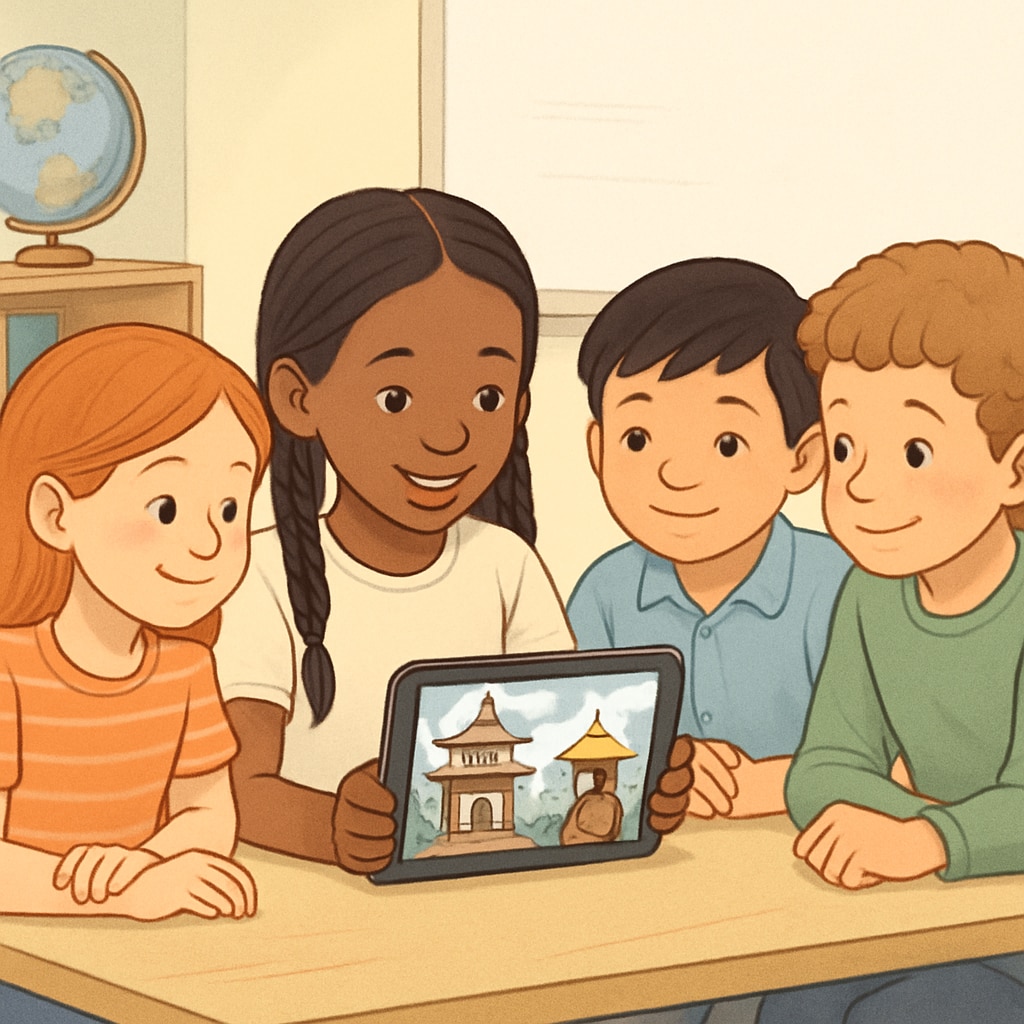 Diverse elementary school students collaboratively watching a travel video about Asian cultures on a tablet, showing engaged expressions K12 students learning geography through travel short videos for thesis research