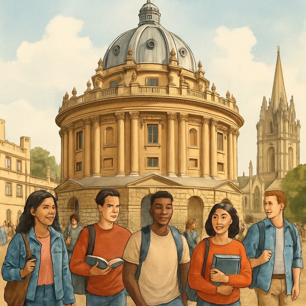 Oxford University campus with international students discussing immigration status and tuition fees