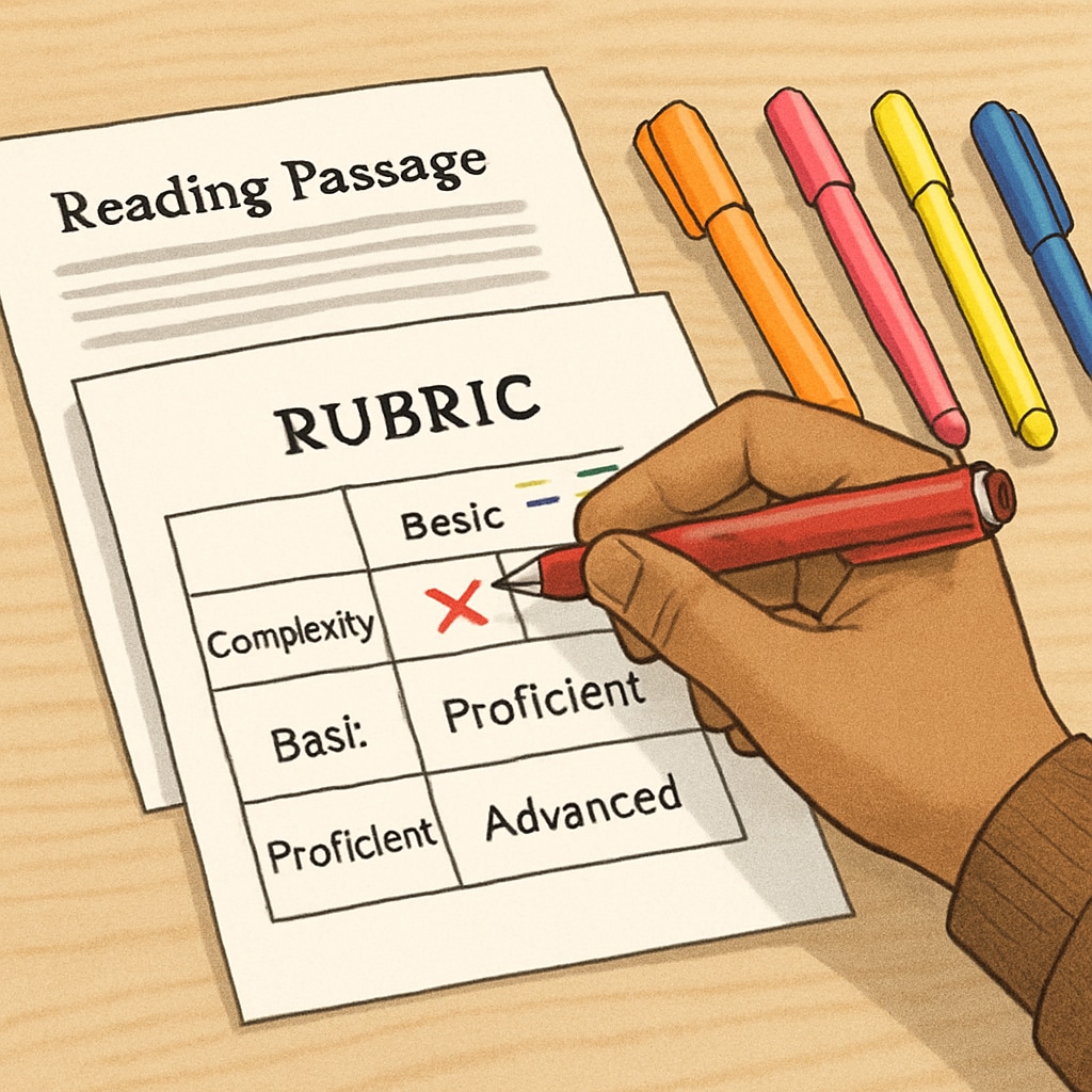Educator assessing reading difficulty in text complexity research