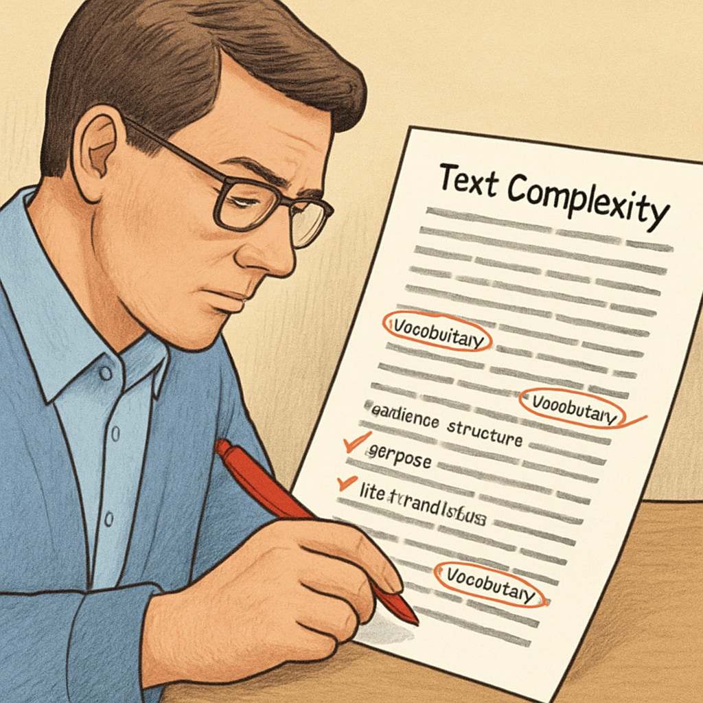 Educator analyzing text difficulty for reading comprehension study