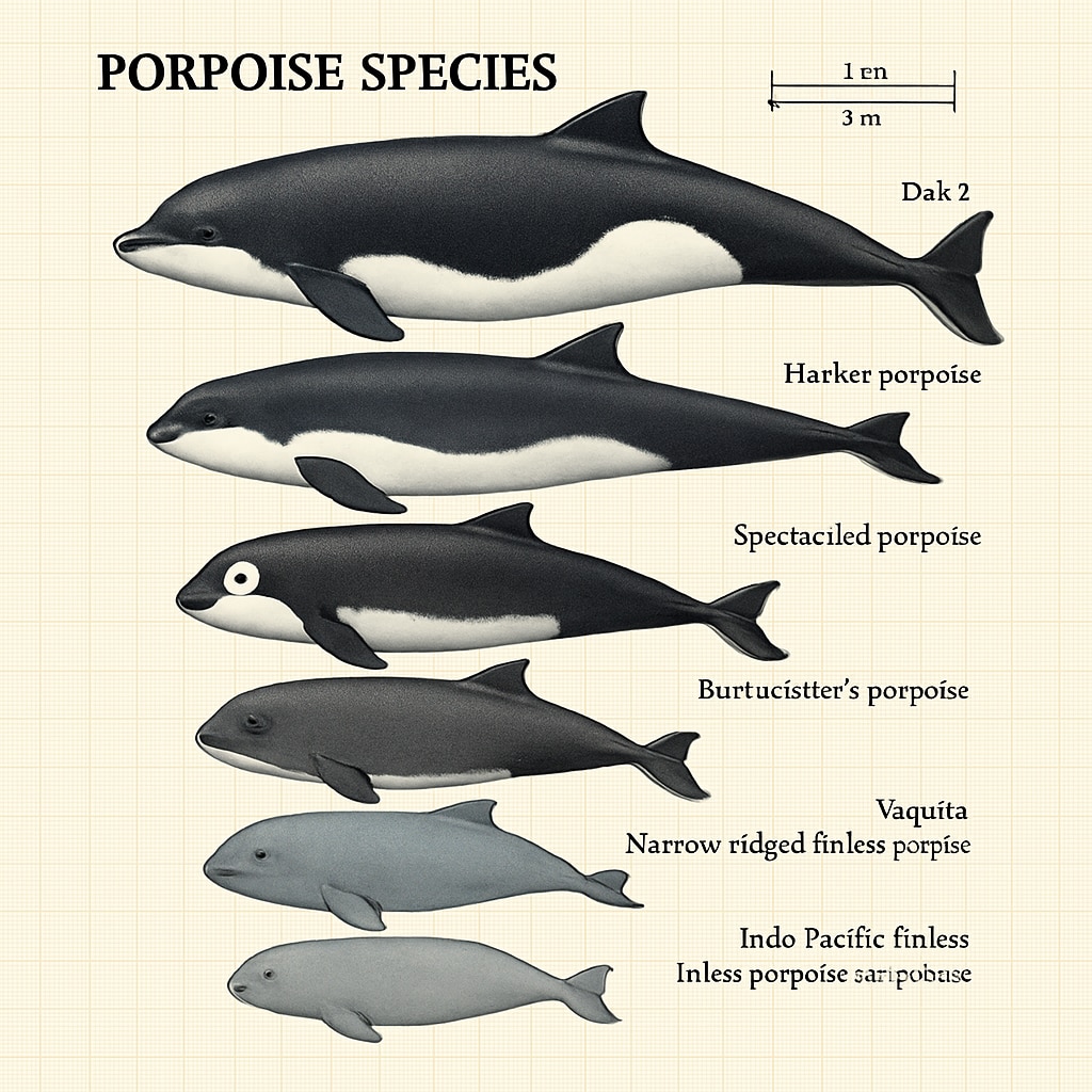 Seven different porpoise species comparison chart
