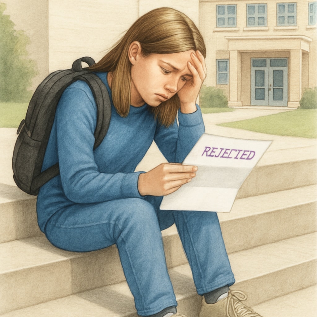 A Caucasian teenage girl with brown hair sitting on school steps holding a rejection letter, wearing a backpack and looking distressed. School building visible in background. Special educational needs student facing school admission rejection