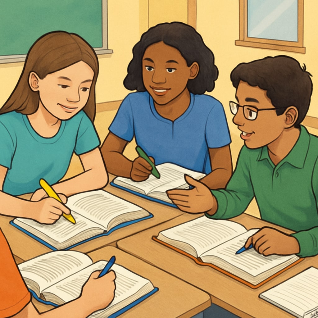Close-up of middle school students annotating texts and discussing vocabulary complexity in small groups Students analyzing text complexity in classroom setting