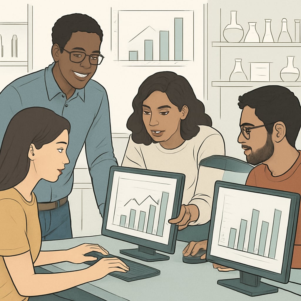 Diverse group of university students collaborating on data analysis project using computers in modern laboratory setting International students working on data science project in US university lab