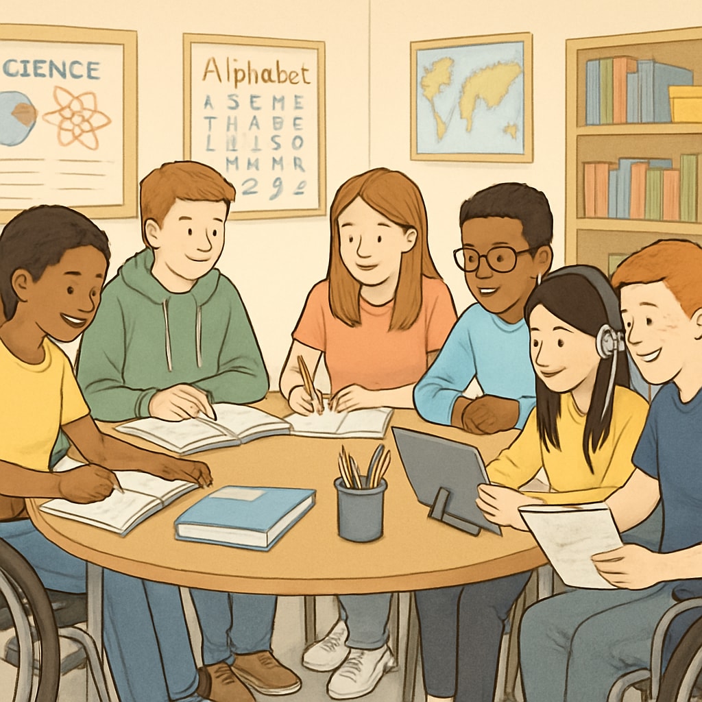 Diverse group of 6 high school students including wheelchair users and those with learning aids working at a round table in an inclusive classroom setting. Inclusive education environment for students with special needs