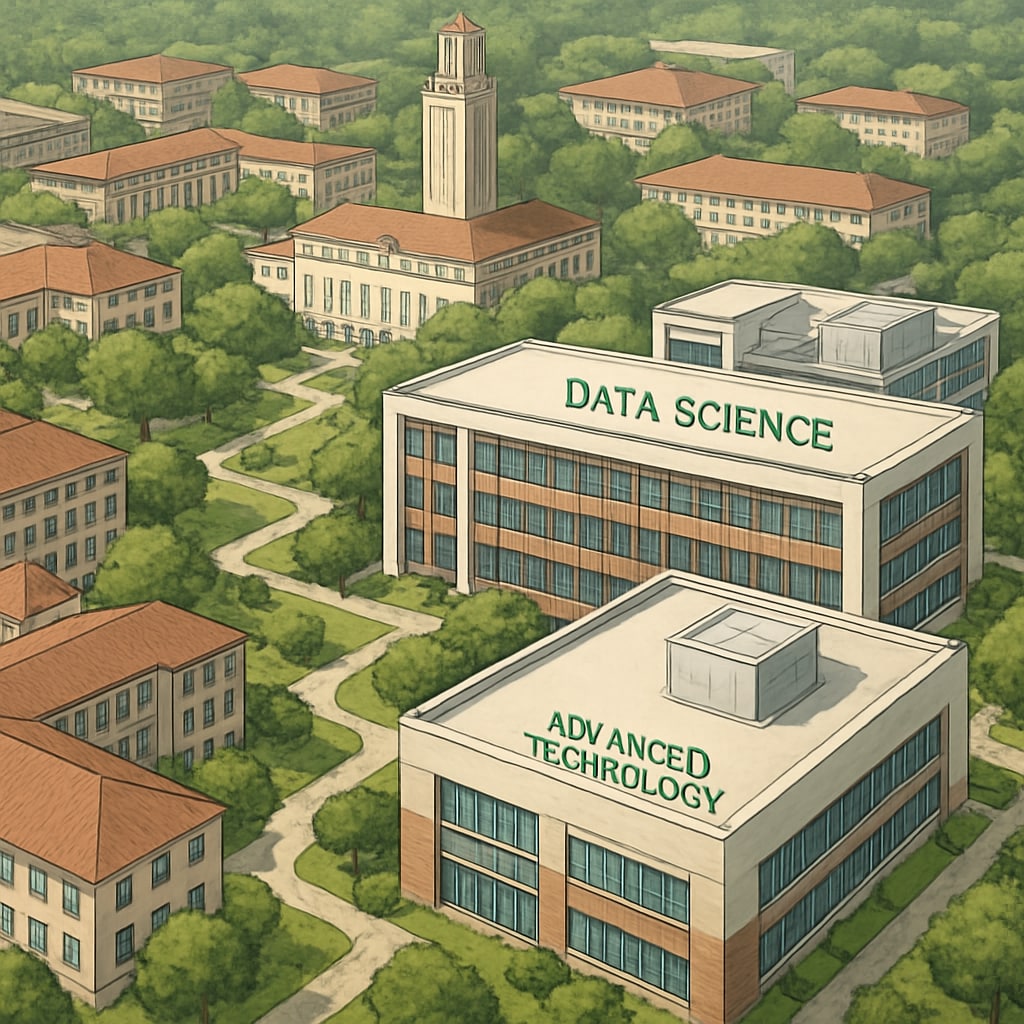 Aerial view of Texas university campus with prominent data science building and technology facilities Texas university campus for data science students