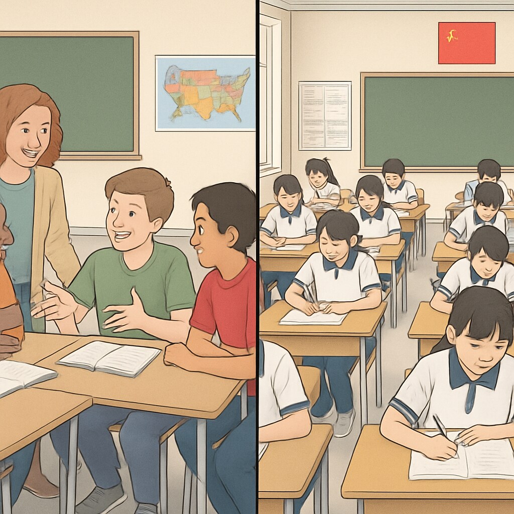 Split-screen image contrasting a US classroom with students in casual clothes discussing around tables vs. Chinese students in uniforms silently taking written tests American education vs Chinese students classroom comparison