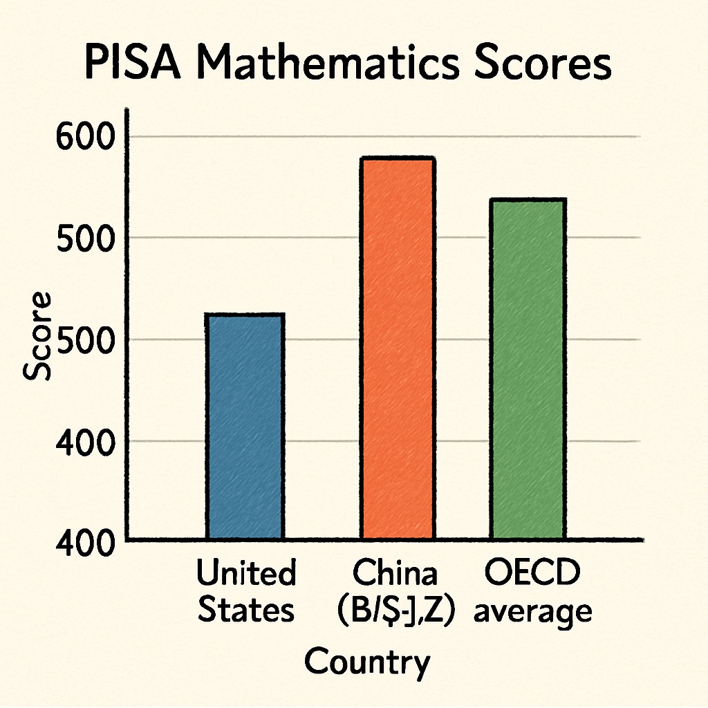 Bar chart showing PISA mathematics scores comparison between US, China (B-S-J-Z region), and OECD average Test scores comparison: American education and Chinese students performance