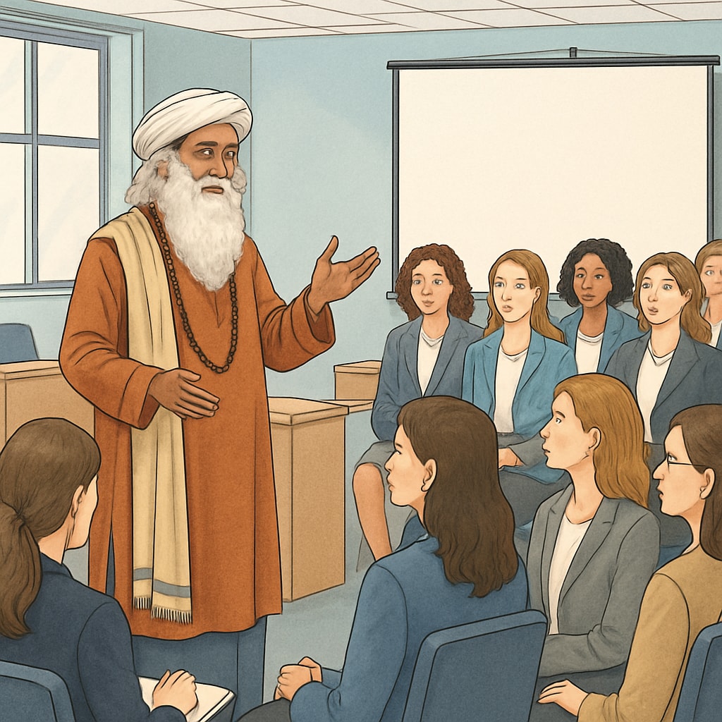Sadhguru addressing a group of professional women in a modern conference room, with participants engaged in active listening Sadhguru teaching communication skills to women entrepreneurs