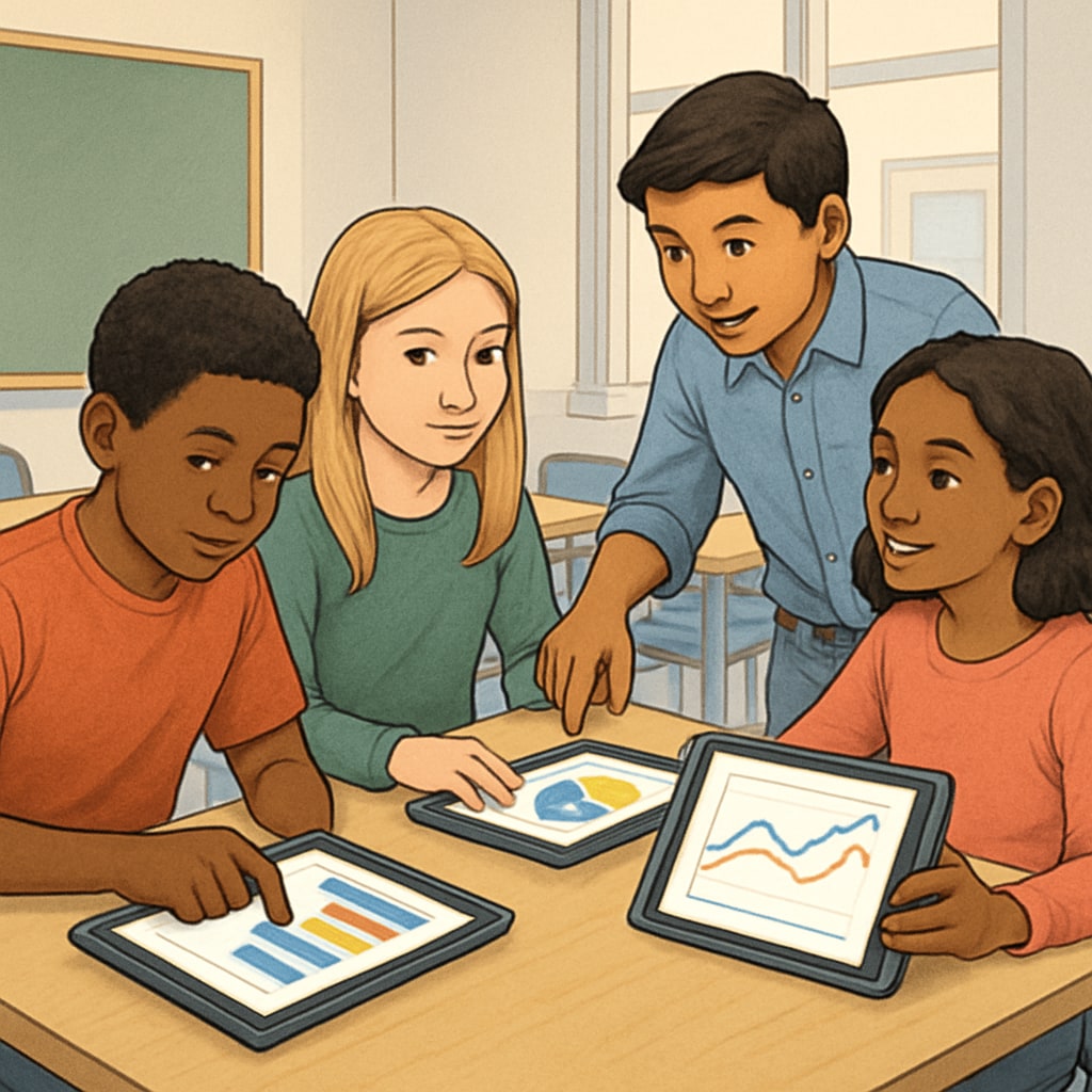 Diverse group of middle school students collaboratively analyzing data visualizations on touchscreen tablets in a modern classroom setting Students developing business analysis and financial data skills