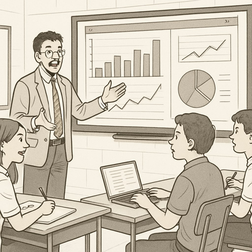 Enthusiastic teacher demonstrating interactive data analysis software to engaged high school students Teaching financial and career development skills through data literacy