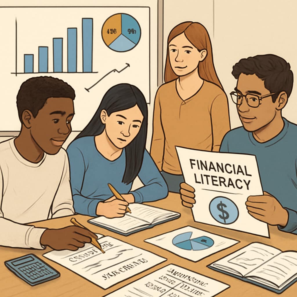 Students learning business analysis and finance concepts in classroom