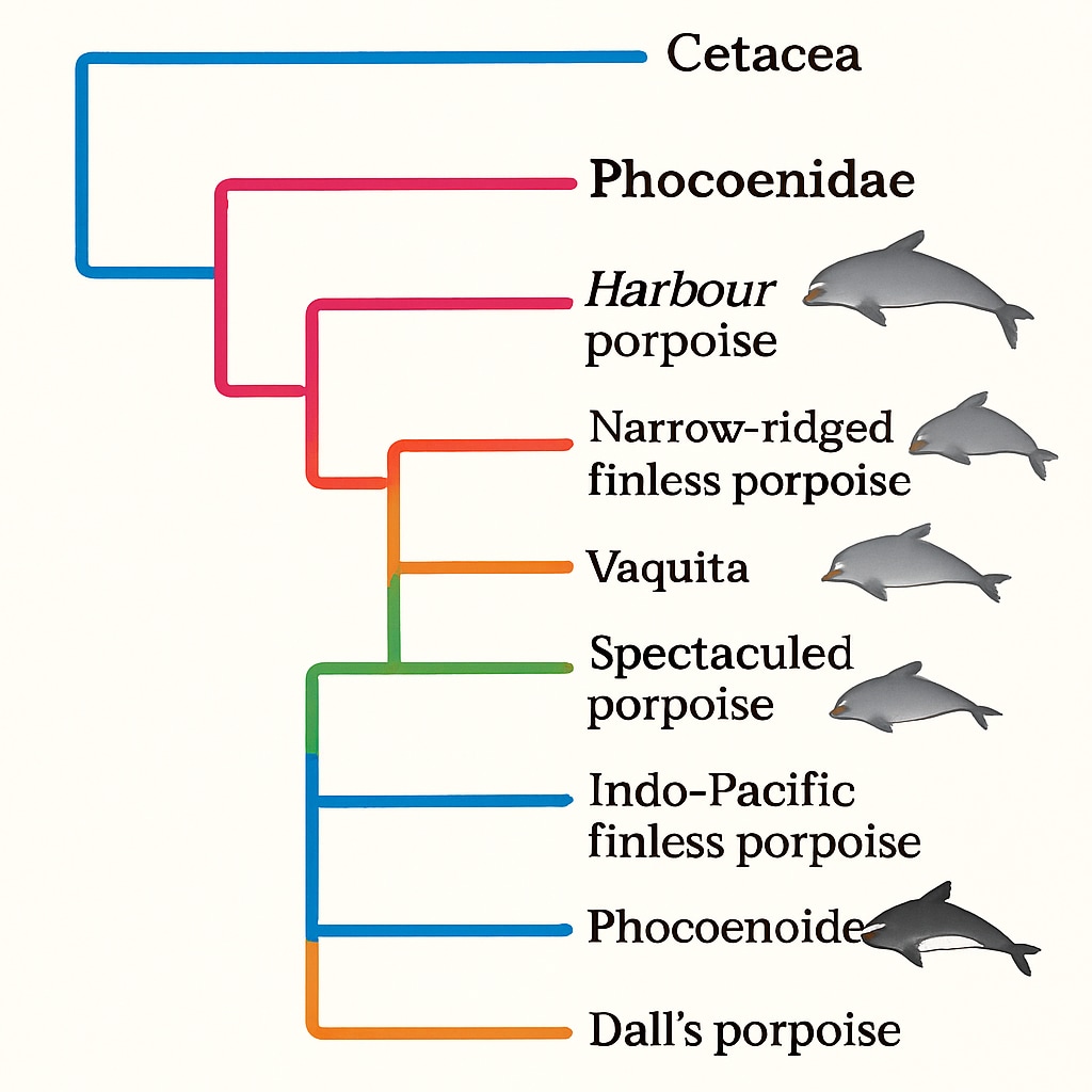 Color-coded phylogenetic tree showing evolutionary relationships among porpoise species within the Cetacea order Porpoise evolutionary classification infographic