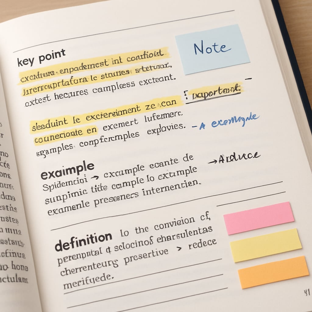 Close-up view of student's annotated textbook page with colored sticky notes Reading strategies demonstration through text annotation