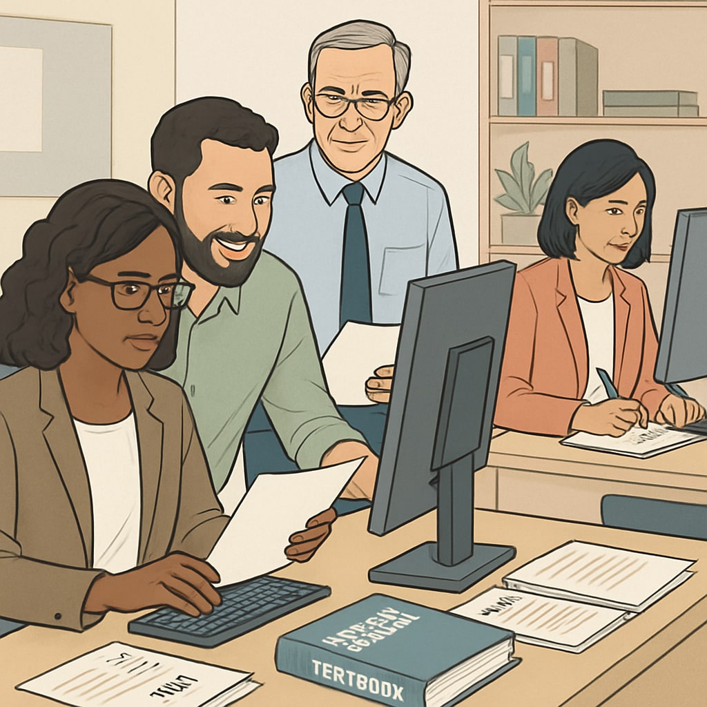 A diverse group of education professionals working in an office setting with computers and documents Education administration team working during school term