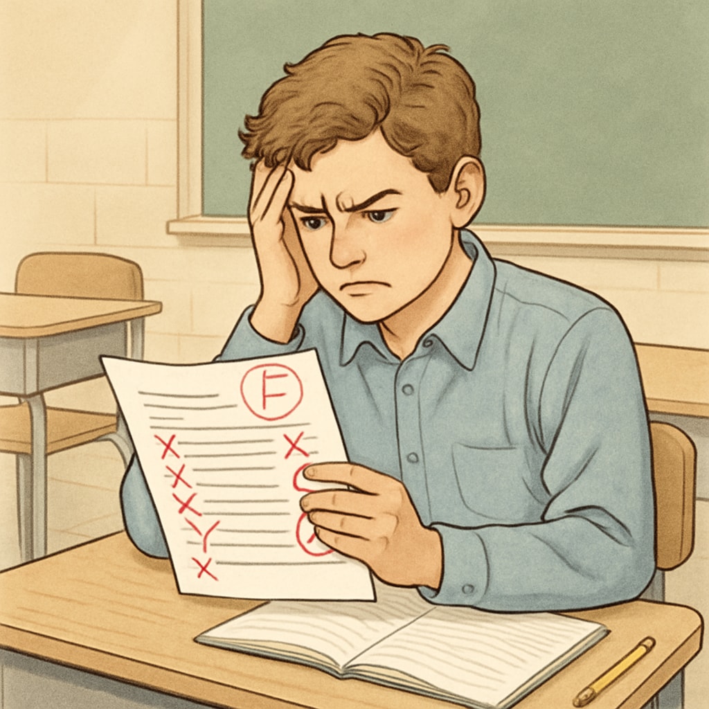 Frustrated high school student holding a test paper with red markings, sitting at classroom desk Student experiencing academic injustice from teacher grading errors