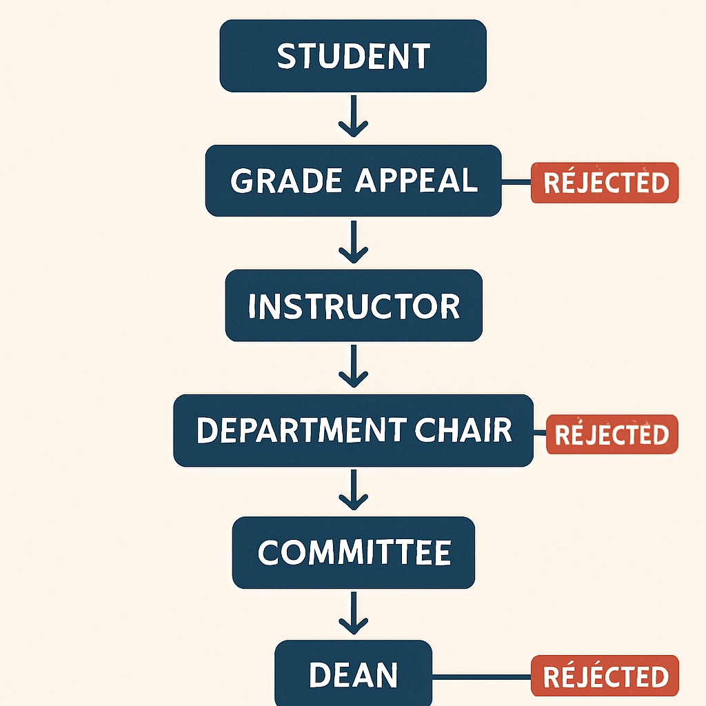 Institutional flowchart showing complex grade appeal process with multiple rejection points Broken grade appeal system failing to correct teacher errors