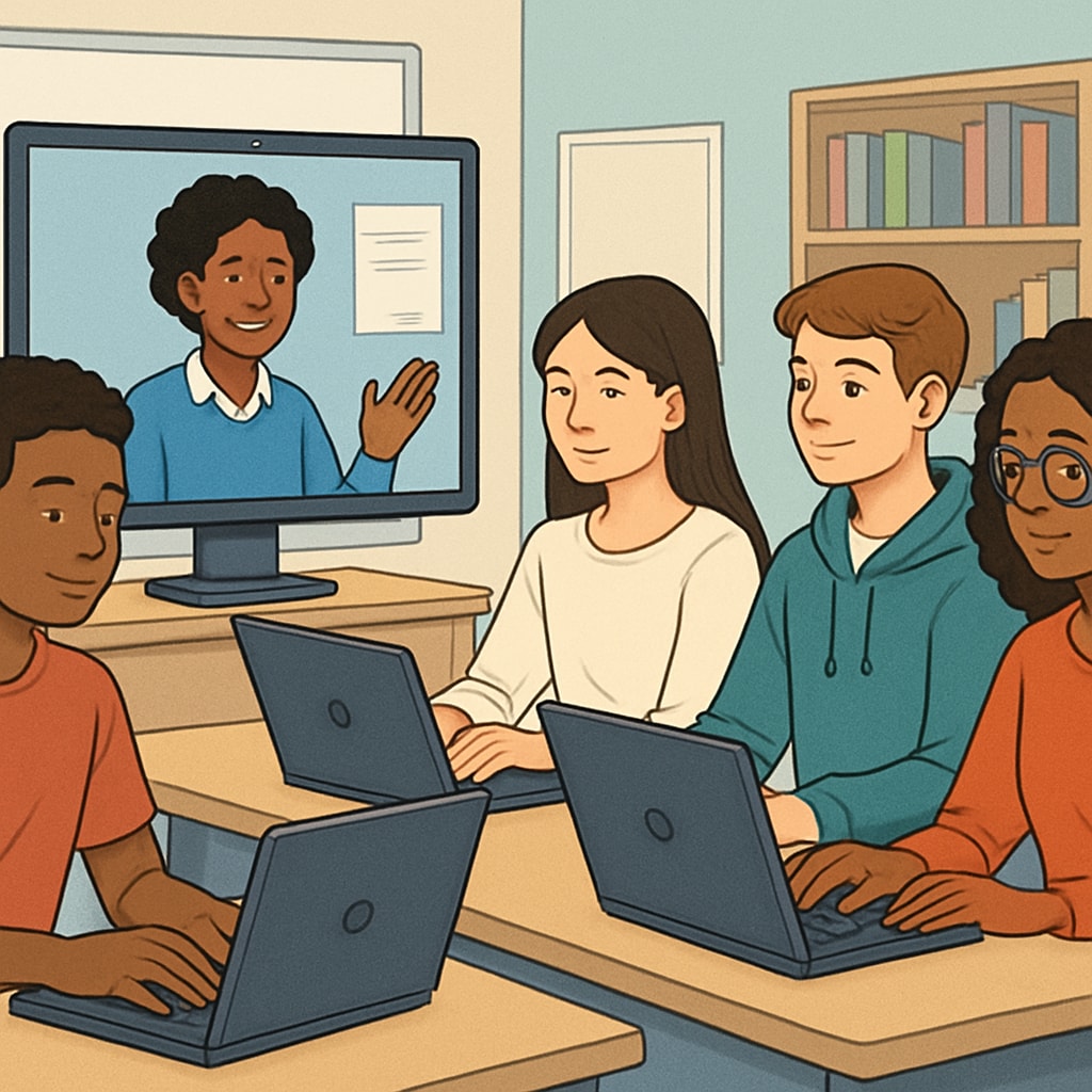 Diverse group of high school students engaged in online learning using laptops, representing Khan World School’s virtual classroom environment Khan World School students participating in ASU dual credit courses online