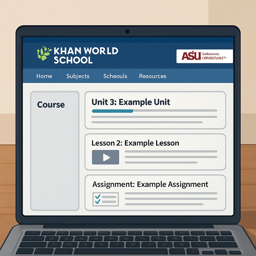 Close-up view of a laptop screen displaying Khan World School’s learning platform with visible ASU branding and course materials Dual credit course interface for Khan World School and ASU partnership