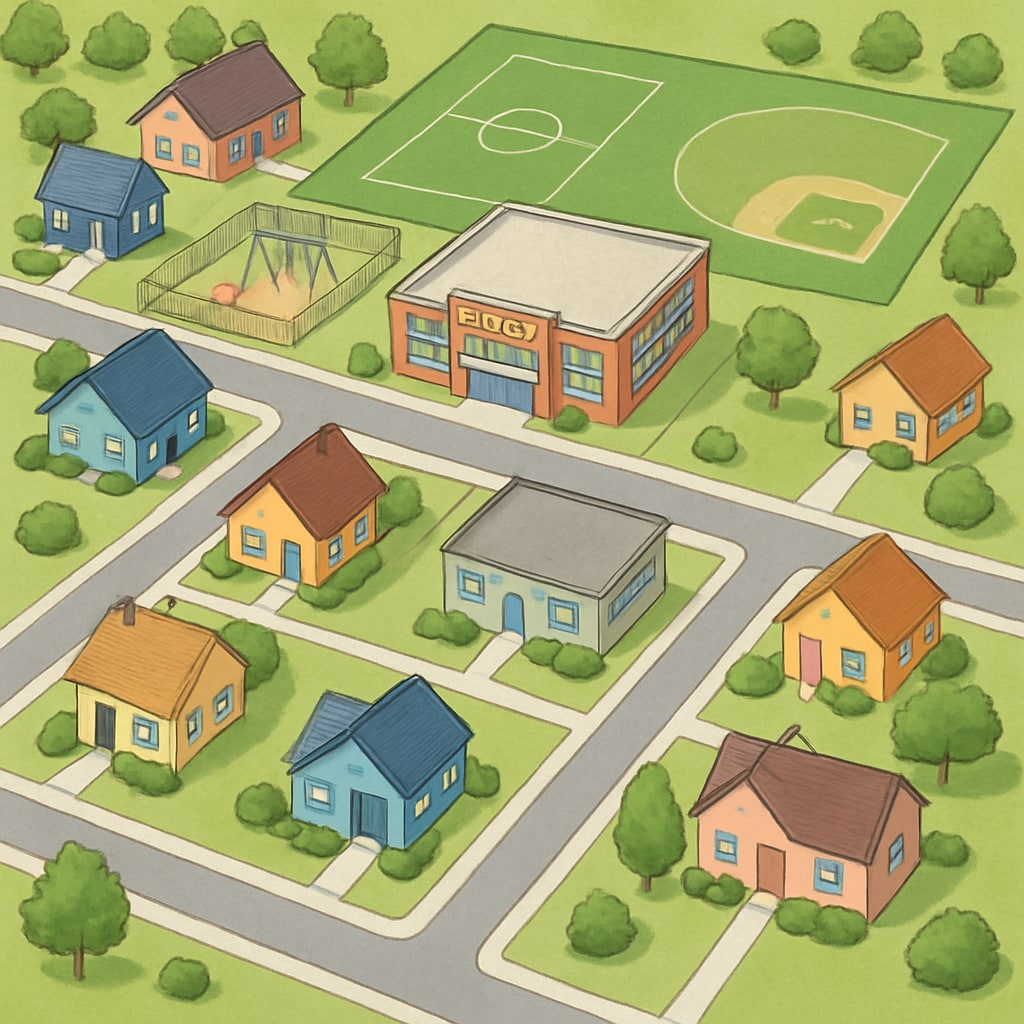 Aerial photograph showing residential homes clustered around a public school with visible playground and sports fields School district rankings influence real estate values in suburban neighborhoods