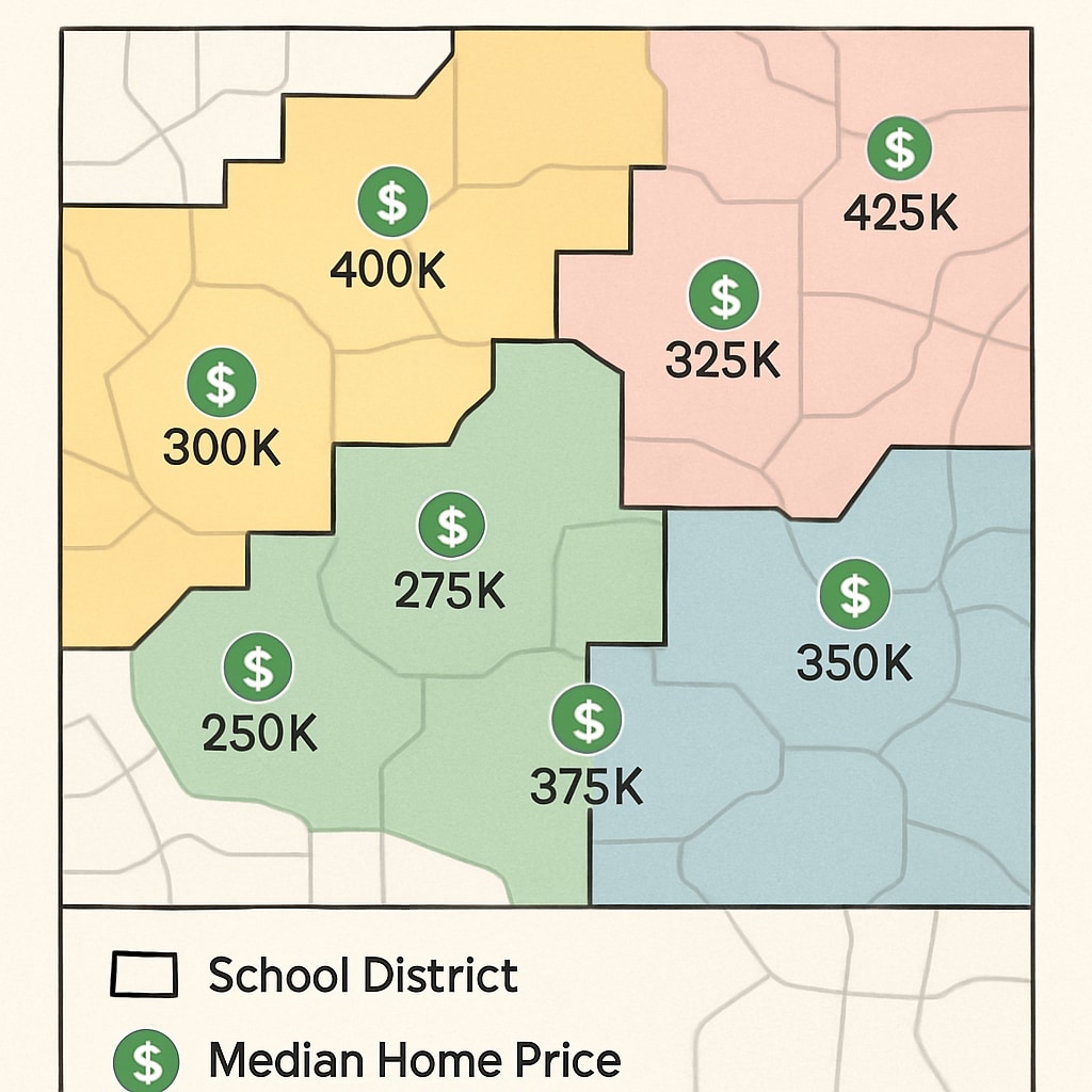 Color-coded map overlay comparing school district boundaries with median home price data points Real estate price variations across different school zones