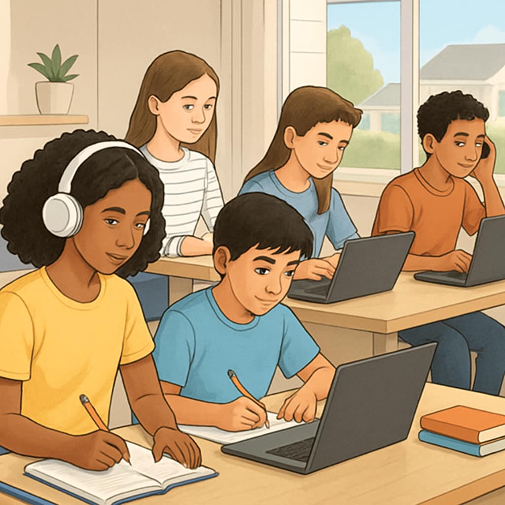 Diverse group of middle school students engaged in online learning, using laptops and taking notes in a bright, modern home setting Middle school students participating in Khan World School online dual enrollment courses