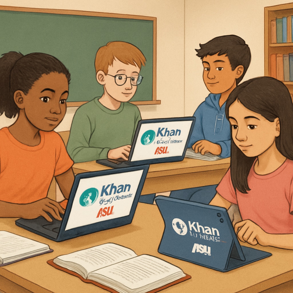 A diverse group of middle school students engaged in online learning with Khan World School and ASU interface visible on their devices Students participating in Khan World School and ASU dual credit program