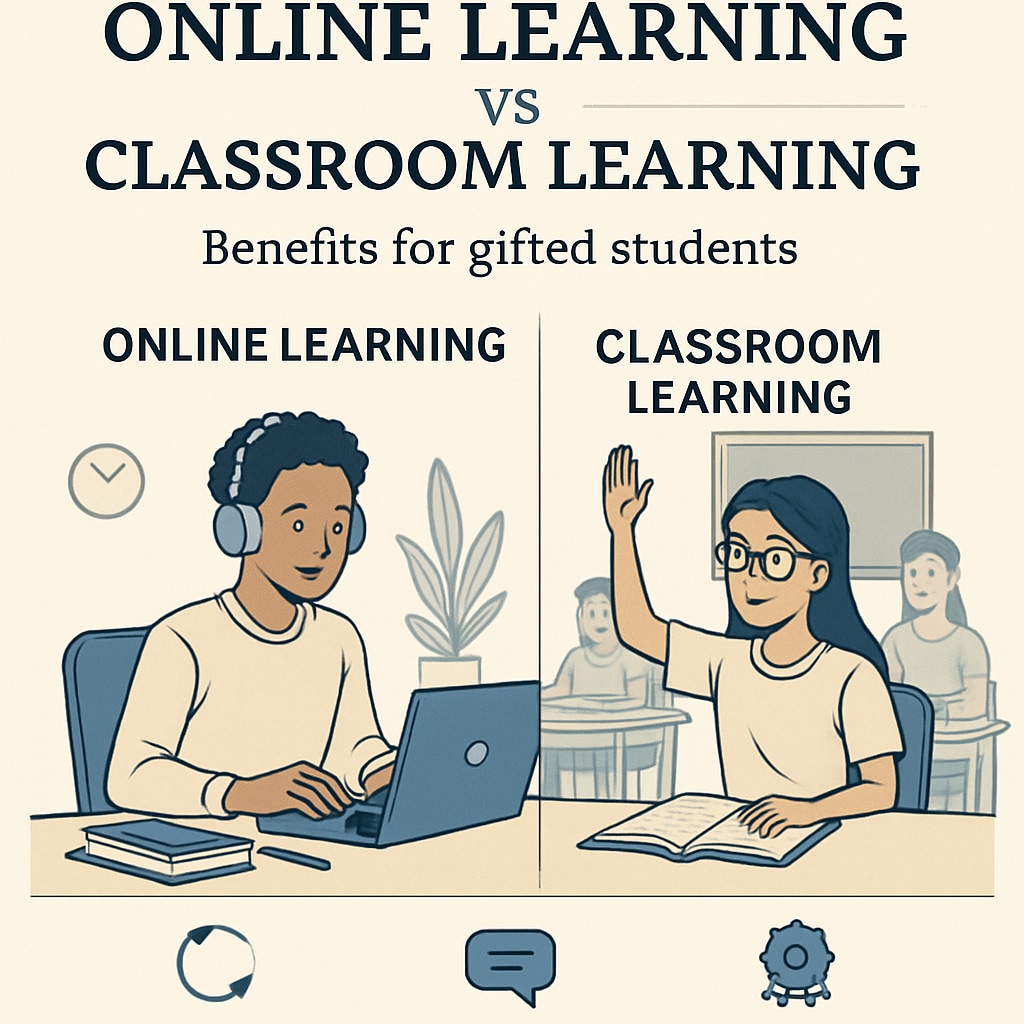 Comparative infographic showing benefits of online vs classroom learning for gifted students, with icons representing flexibility, interaction, and self-discipline Khan World School dual enrollment program benefits comparison