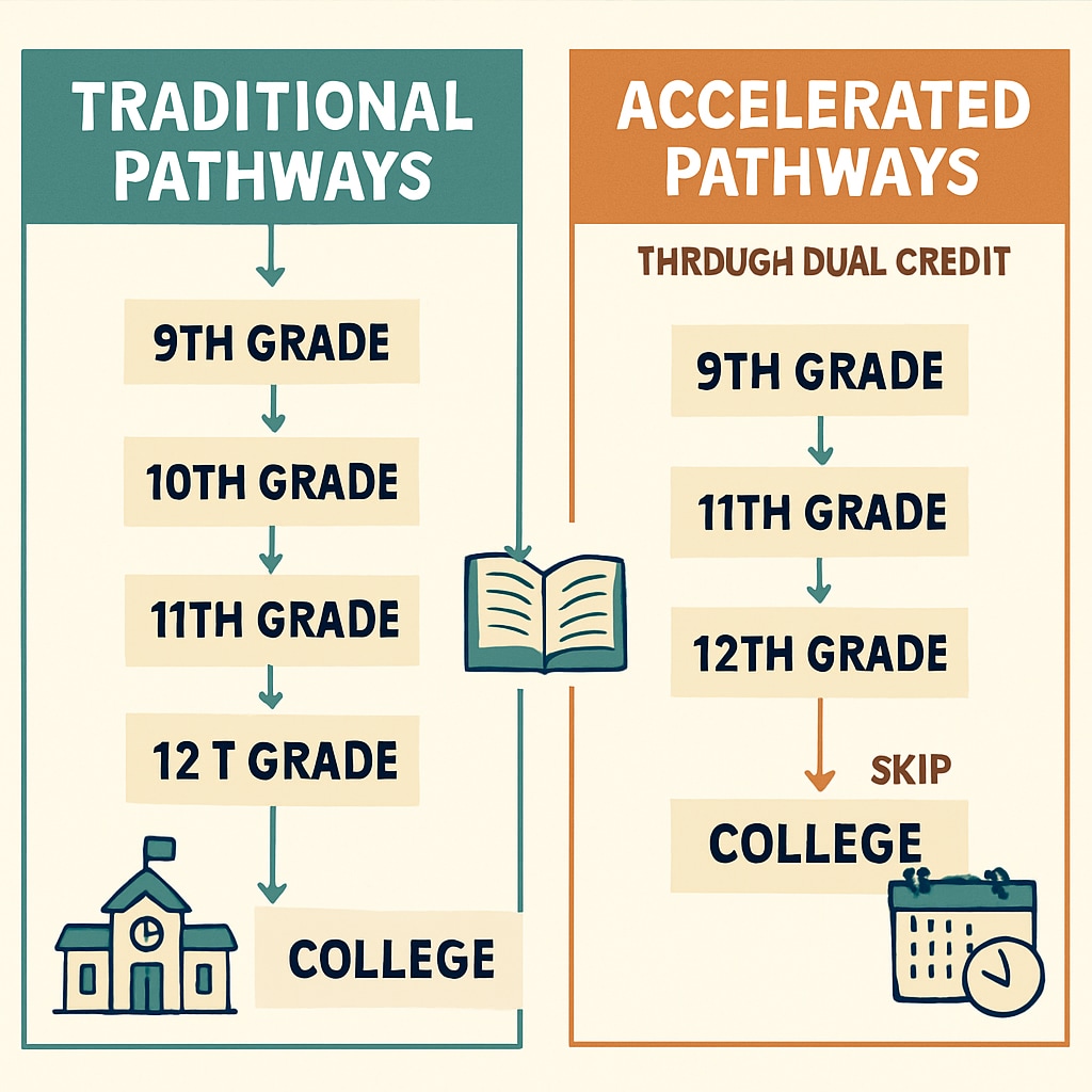 Comparative infographic showing traditional vs accelerated educational pathways through dual credit options Benefits visualization of Khan World School and ASU partnership