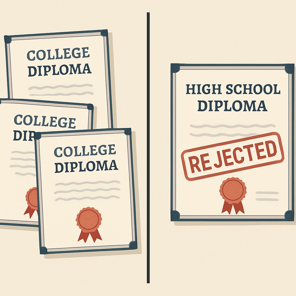 Comparison image showing multiple college diplomas versus a single high school diploma with rejection marking College degrees versus high school diploma for employment