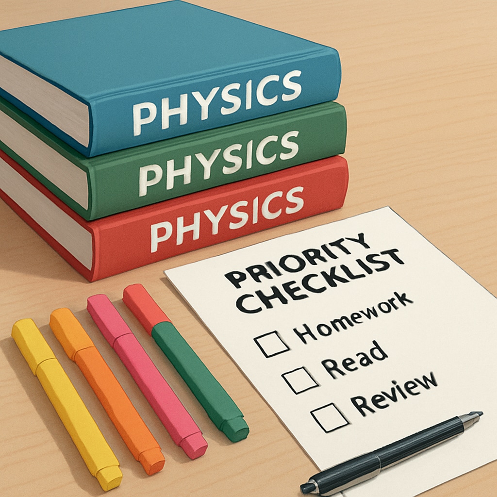 A student's desk with organized physics textbooks, highlighters, and a priority checklist Efficient BSc Physics backlog management setup