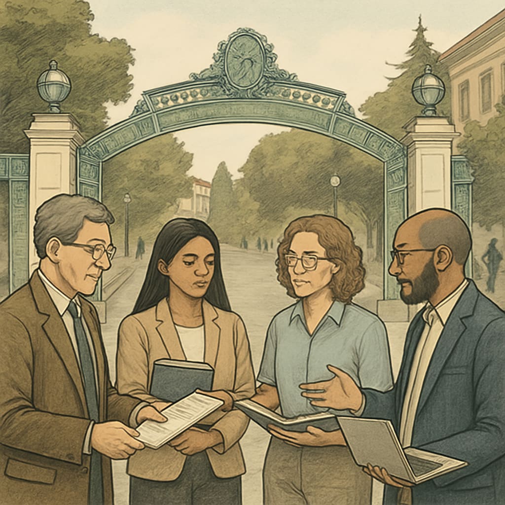 UC Berkeley educators discussing near iconic Sather Gate, showing professional collaboration University of California employees consulting on educational matters