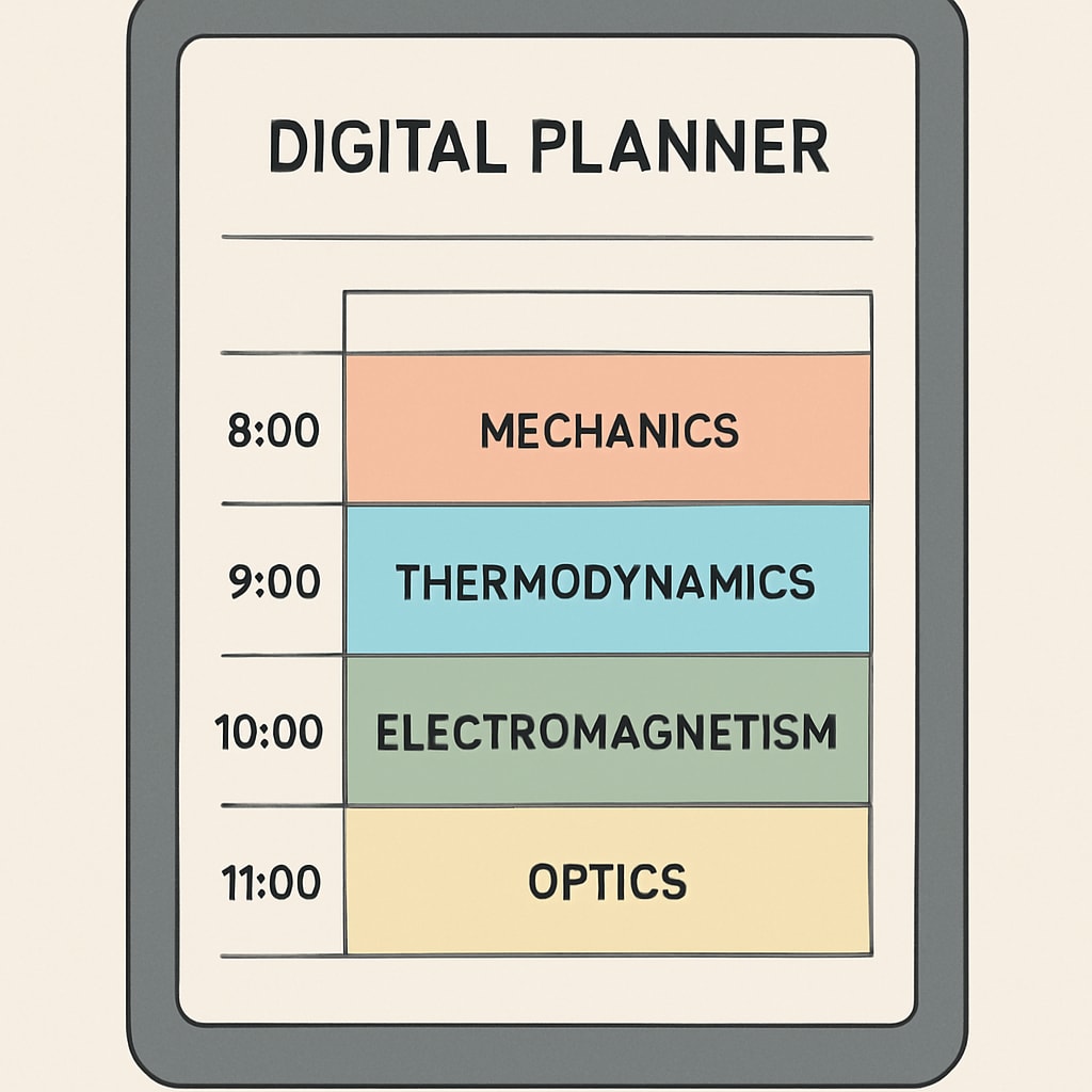 Digital planner showing color-coded study blocks for different physics topics Time management schedule for physics exam preparation