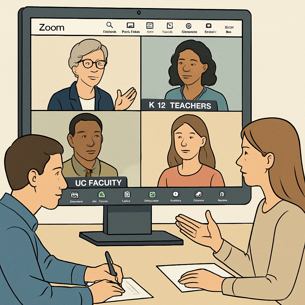 Virtual meeting showing K12 teachers consulting with UC faculty via Zoom Online consultation between school teachers and university experts