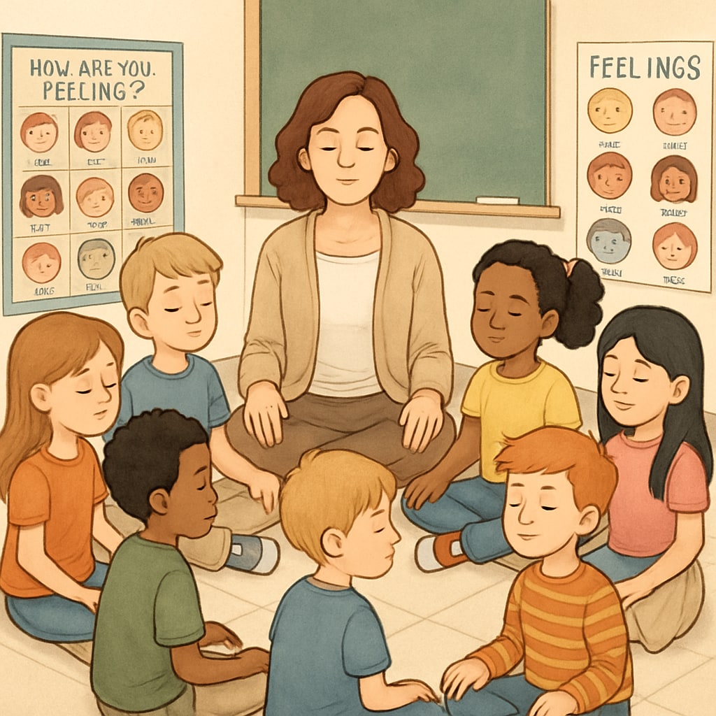 Diverse group of 8-10 year old children sitting in a circle with their teacher, practicing deep breathing exercises with eyes closed. Classroom environment with posters about feelings on the wall. Children participating in emotional education activities