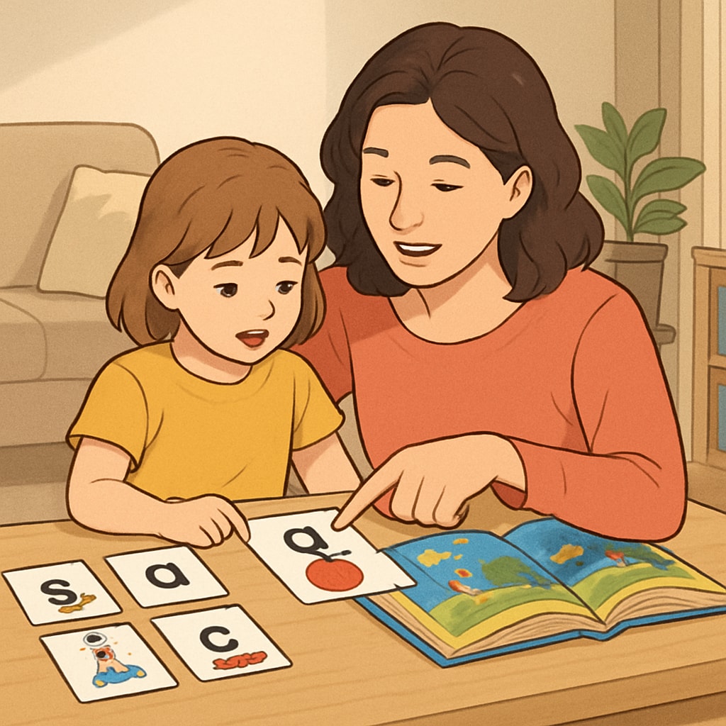 Parent-child reading session combining phonics and whole language elements